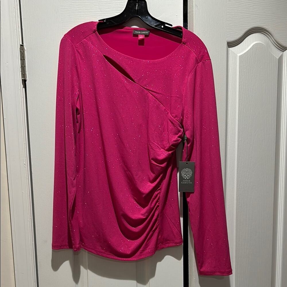 Vince Camuto L hot pink shimmer glitter Evenings Women's Long Sleeve top nwt